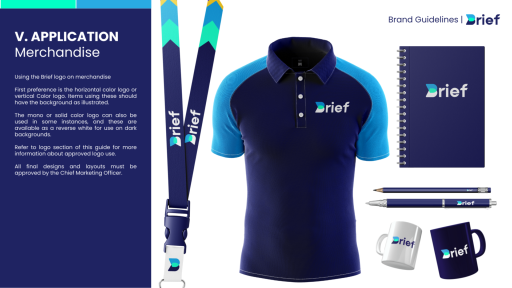 brand application page of brief's brand book showing merchandise